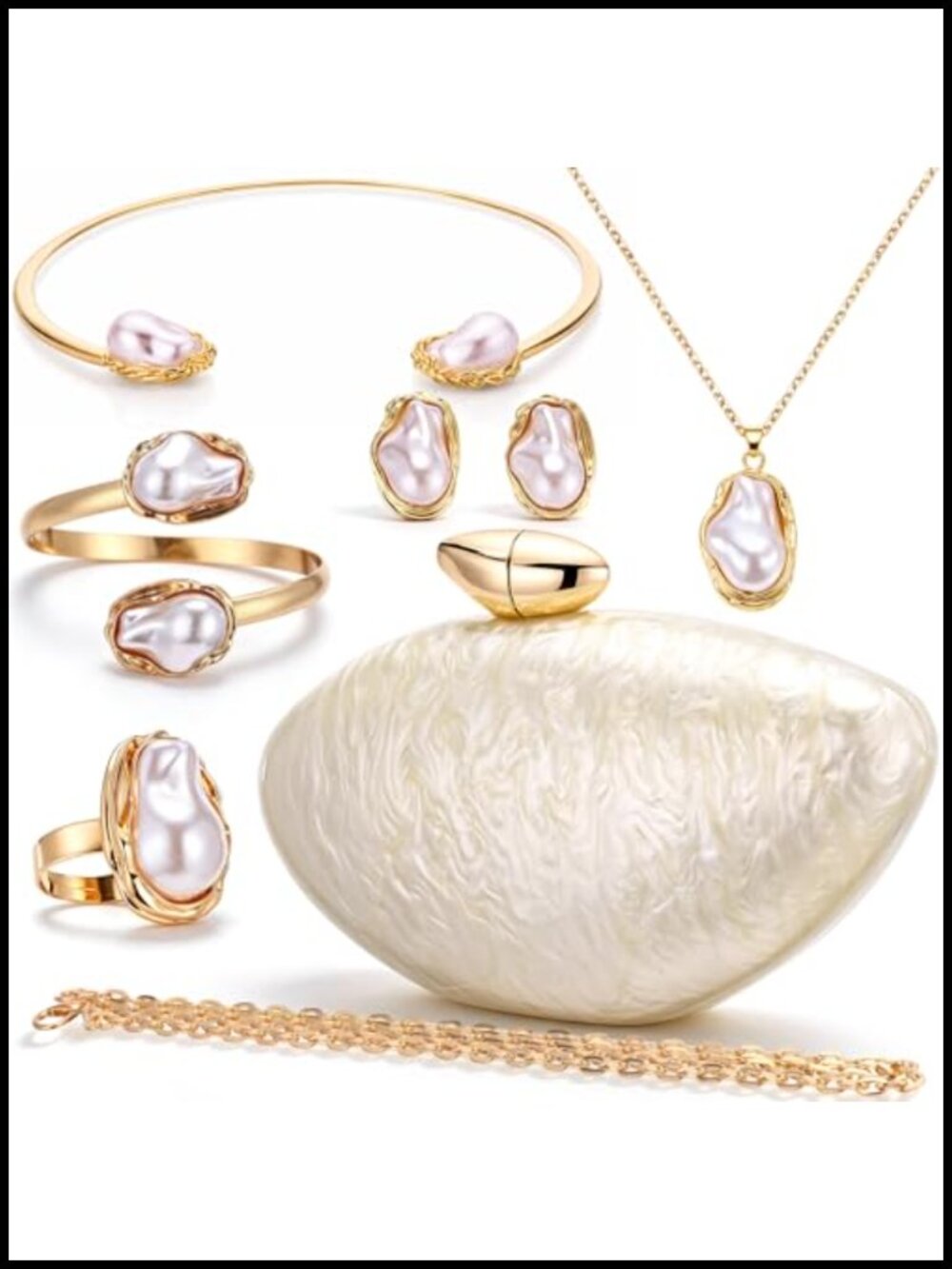 Baroque Pearl Evening Set with Acrylic Shell Clutch and Gold Jewelry